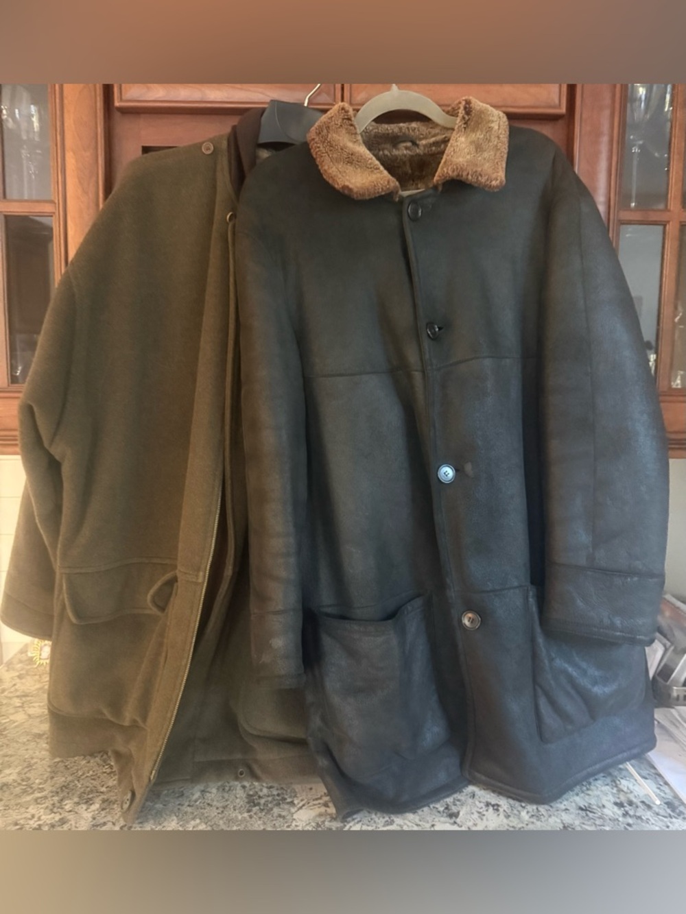 2 Vintage Italian Jackets. Olive Wool Men's Pea Coat & Genuine Black Shearling